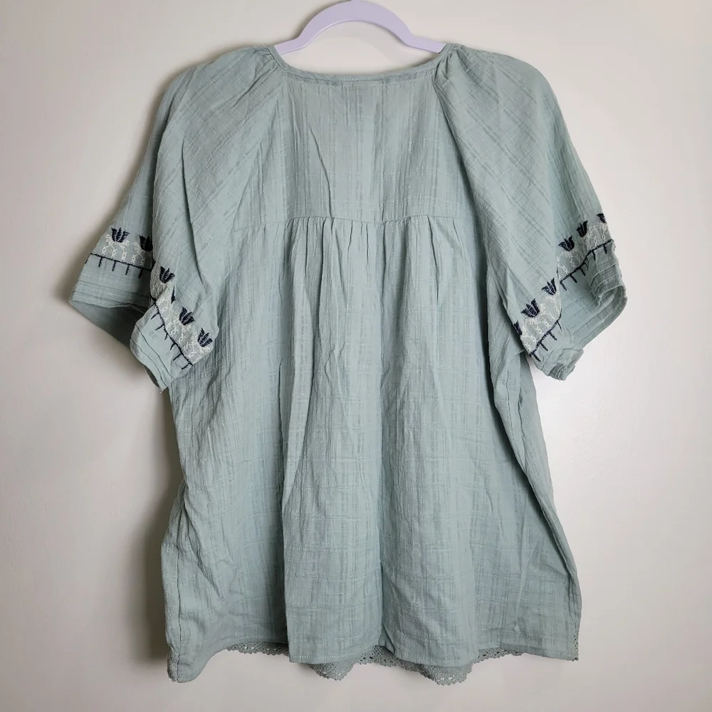KNOX ROSE Boho Embroidered Gauze Cotton Bobydoll Top L - Picture 2 of 10